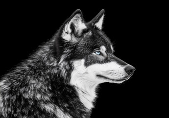 Fototapeta premium Captivating wolf portrait with intense blue eyes on black background