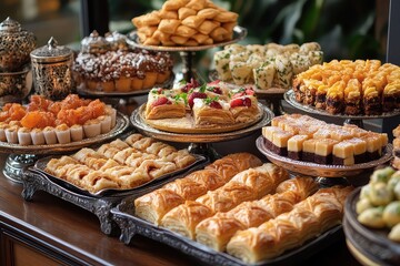 A festive dessert table featuring traditional sweets like baklava and maamoul