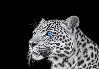 Obraz premium Majestic leopard with striking blue eyes on dark background
