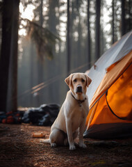 Golden Labrador Retriever Sitting Near an Orange Tent in a Forest