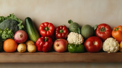 Fresh Vegetables and Fruits Displayed on Wooden Shelf for Healthy Food Choices and Nutritional Lifestyle
