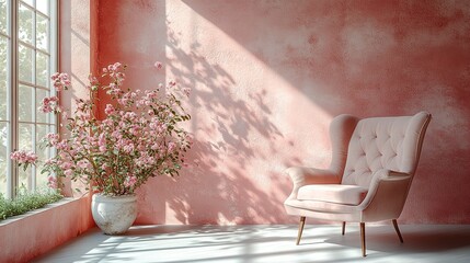 Pink Room with Wingback Chair, Flowering Plant, and Sunlit Windo