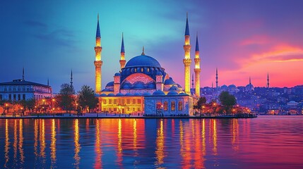 Fototapeta premium Majestic Mosque at Sunset in Istanbul, Turkey