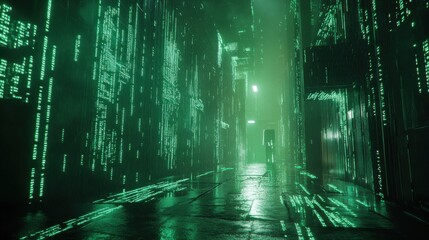 Digital Matrix Rain with Cascading Green Neon Code