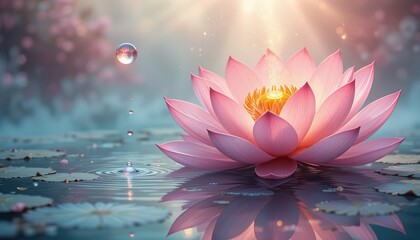 Pink water lily (or lotus), on a water surface, delicate pink lotus petals with orange-yellow core, transparent water droplet, soft bokeh background with pastel blue and pink tones