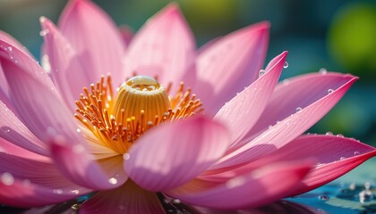 Fototapeta premium Close-up of a pink lotus flower on water, super detailed pink petals with golden stamens, perfectly round water droplet. Lotus macro shot. Hyperrealistic texture, morning dew effect, soft sunlight, tr