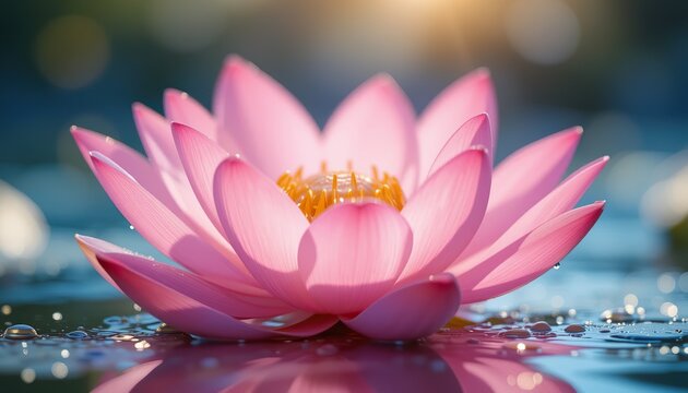 Close-up of a pink lotus flower on water, super detailed pink petals with golden stamens, perfectly round water droplet. Lotus macro shot. Hyperrealistic texture, morning dew effect, soft sunlight, tr