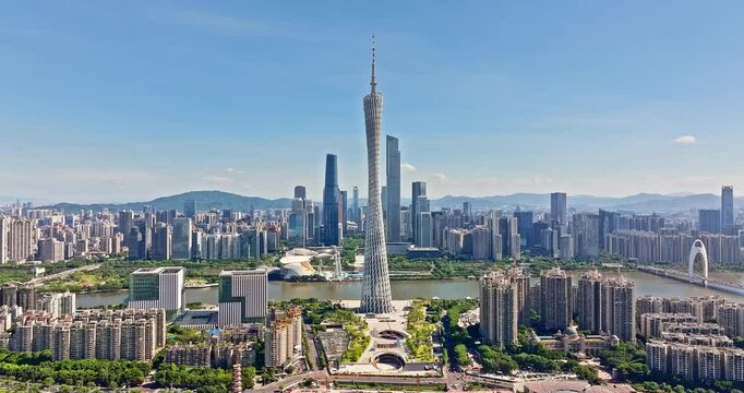 Aerial view of beautiful city skyline and modern skyscraper buildings scenery in Guangzhou, China.