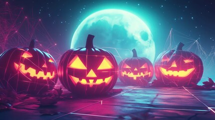 Naklejka premium Jack-o'-lanterns illuminate night with glowing faces, bright moon adding festive eerie Halloween atmosphere.