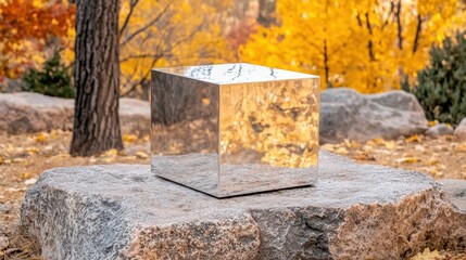 A shiny silver cube sits on a large rock in a park with autumn trees.