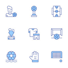 Football icons set. Line Duotone style, editable stroke. football player, football cup, football referee, football field, soccer, goalkeeper