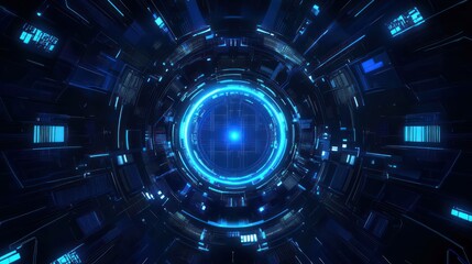 Technology presents digital tunnel, abstract design showcases high-tech interface, network, system, circular pattern.