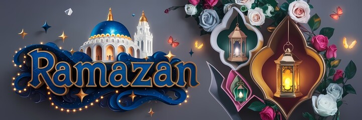 Ramazan Dark Fantasy 3D illustration Scene Featuring Glowing White Mosque with Blue Dome Golden Details Surrounded by Magical Lanterns Butterflies Roses Elegant Ramazan Text Luxurious Fantasy Setting