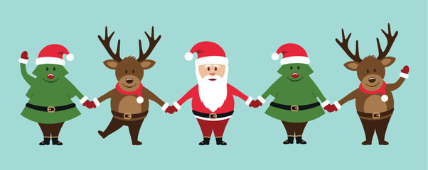 cute christmas deer santa and fir tree characters holding hands isolated vector illustration