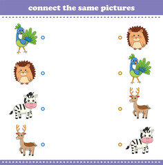 Education game for children connect the same picture of cute cartoon wild animal printable. Vector Illustration
