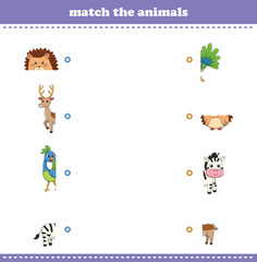 Match halves of cute cartoon wildlife animals. Logical game for kids