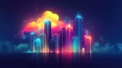 Glowing architecture shines bright, creating futuristic skyline illustration, reflecting in dark water surface.