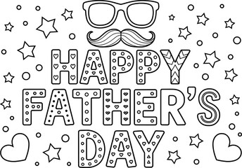 Happy fathers day coloring page with glasses and mustache vector illustration