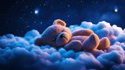Teddy bear sleeping soundly amidst soft clouds under starry night feeling comfort tranquility.