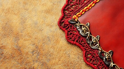 Red lace trim on wooden surface