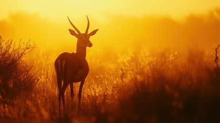 Naklejka premium Silhouetted antelope against a vibrant sunset in a serene landscape