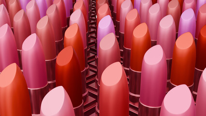 A 3D rendered image of lipsticks of various colors arranged in a grid pattern.