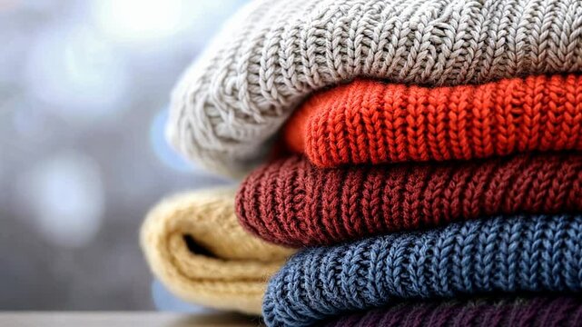 A cozy stack of colorful knitted sweaters arranged neatly on a wooden surface with a blurred background