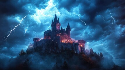 Castle towers against stormy skies illuminating night creating an eerie powerful dramatic atmosphere.