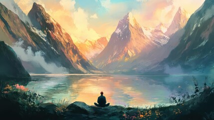 Adult meditates lotus position by lake, mountains back view, embodying serenity, peace, tranquility, mindfulness.