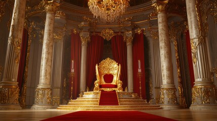 Golden throne dominates regal hall, adorned marble columns, red carpet, invoking grandeur royalty prestige.