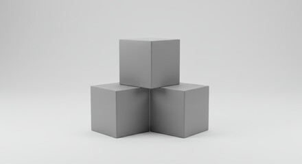 Fototapeta premium Simple 3D render showing three identical matte grey cubes stacked neatly one on top of the other. Stable composition, focus on repetition and structure