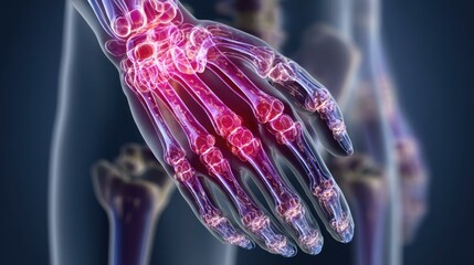 Human hand experiences inflammation affecting bones, joints, skeleton; illustration highlights anatomy, medical condition.