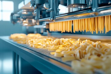 Fresh pasta strands are being produced on a conveyor belt in a modern factory. The machinery expertly handles various pasta types, showcasing a seamless production process