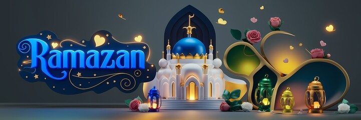 Ramazan Dark Fantasy 3D illustration Scene Featuring Glowing White Mosque with Blue Dome Golden Details Surrounded by Magical Lanterns Butterflies Roses Elegant Ramazan Text Luxurious Fantasy Setting