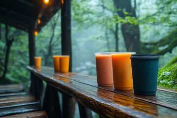 Rainy forest cafe; smoothies, coffee; misty background; nature escape