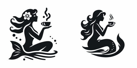 Mermaid drinking coffee. Coffee lover graphic design. Sea nymph imbibing brew nautical fantasy art ocean creature enjoying beverage.