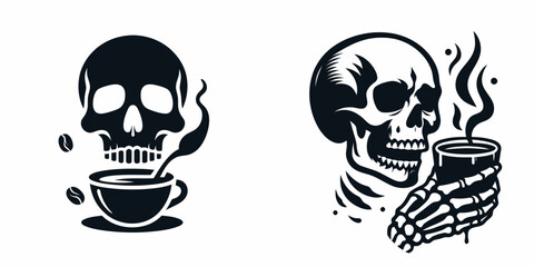 skull drinking coffee. Coffee lover graphic design. Cranium relishing java a macabre beverage enjoyment concept art image.