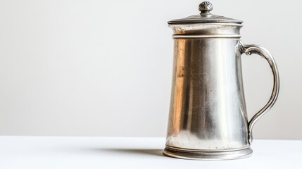Antique pewter tankard on white surface