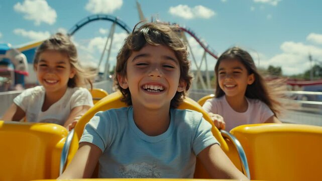 Happy kids enjoying a thrilling rollercoaster ride at an amusement park, sharing laughter and excitement