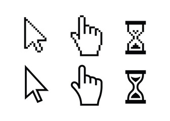 Computer mouse click cursor. Load symbol. Pointer cursor and loading icon. Cursors icons click set. Clicking cursor, pointing hand clicks icons. Vector Illustration.