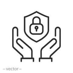 secured icon, hands with shield, thin line symbol on white background - editable stroke vector illustration