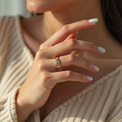 Close-Up of Hands With Gold Ring and Pastel Nail Polish