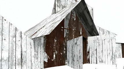 Naklejka premium Rustic white barn winter scene, snow covered fence, architectural design, rural landscape, construction background