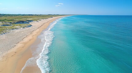 Pristine Sandy Beach Meets Azure Ocean Under Clear Blue Sky