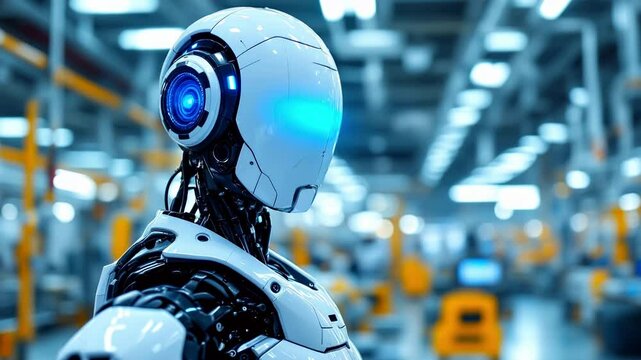 Futuristic humanoid robot with a glowing blue eye in a modern industrial setting, showcasing advanced technology