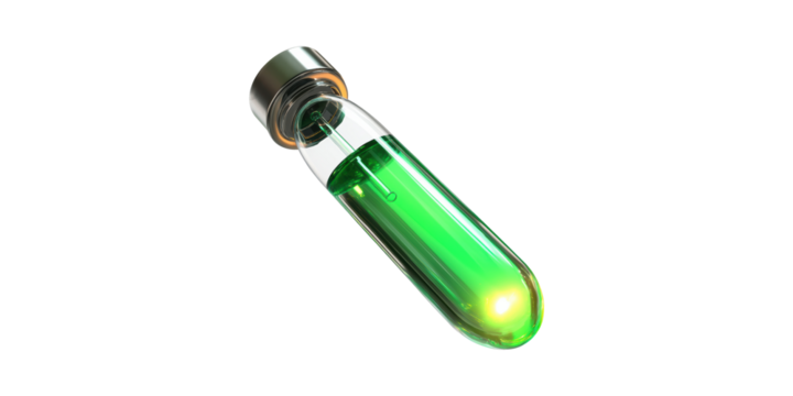 Test Tube With Green Liquid. Scientific Experimentation And Chemical Analysis Concept Isolated On Transparent Background