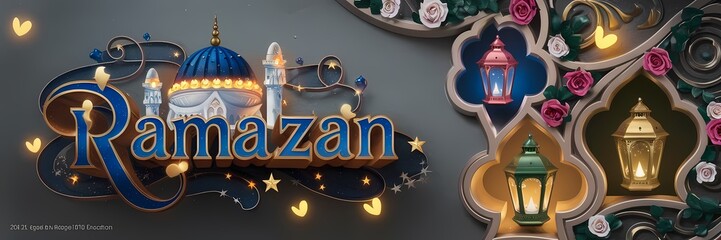 Ramazan Dark Fantasy 3D illustration Scene Featuring Glowing White Mosque with Blue Dome Golden Details Surrounded by Magical Lanterns Butterflies Roses Elegant Ramazan Text Luxurious Fantasy Setting