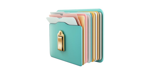 Colorful 3D File Folder Icon With Multiple Tabs. Digital Organization And Document Management Concept Isolated On Transparent Background