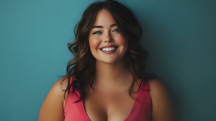 Naklejka premium Young Asian woman with wavy dark hair and bright smile wearing pink sleeveless top against turquoise wall background, expressing joy and confidence in studio portrait.