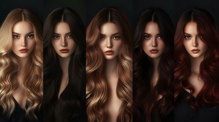 Five women with different shades of long wavy hair from blonde to dark brown and auburn red, showing professional hairstyling and color variations against black background.